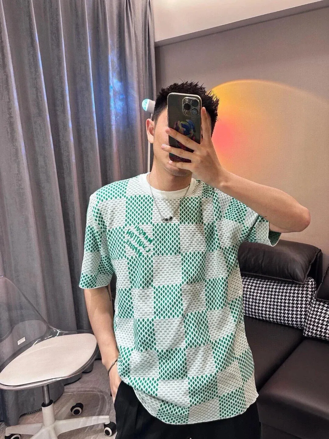 Louis Vuitton/Louis Vuitton checkerboard knitted jacquard short sleeves